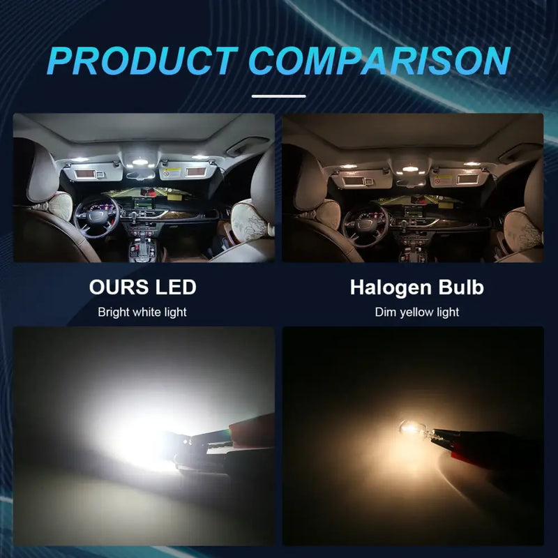 Product comparison of NLpearl T10 W5W LED clearance lights vs halogen bulbs for cars