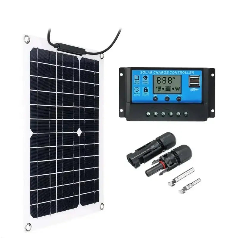 NoEnName Null 300W solar panel kit with charge controller and connectors displayed