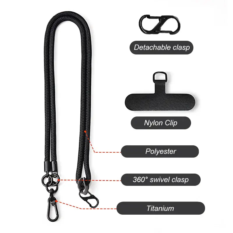 Black NoEnName_Null Adjustable Cross-Body Shoulder Straps Phone Lanyard with detachable components