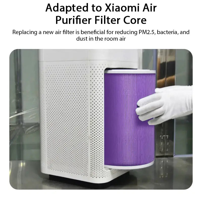 Cylindrical purple air filter being inserted into Xiaomi Air Purifier for high-quality air purification