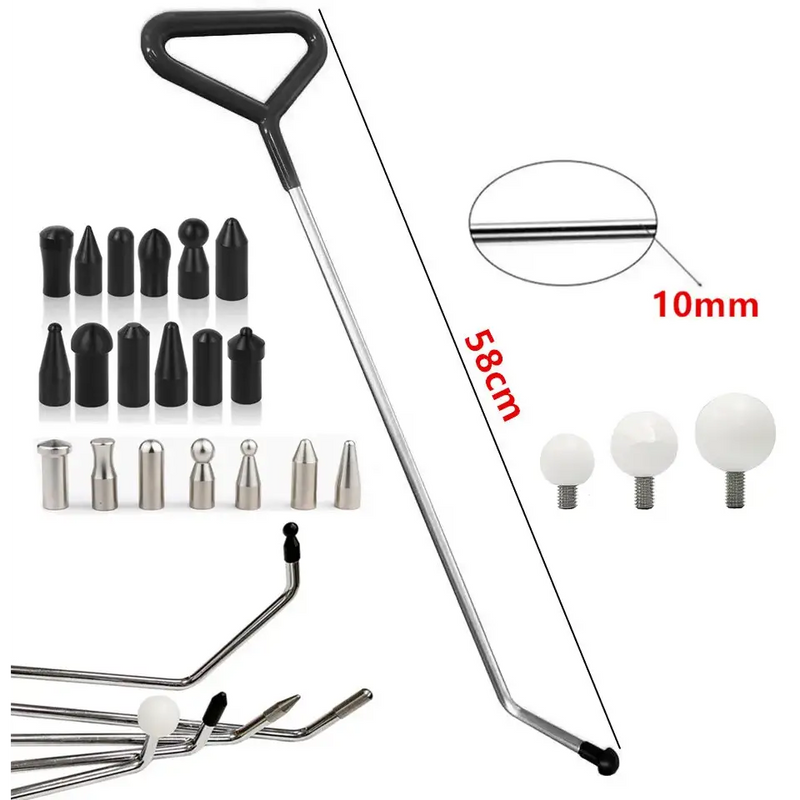 Long metal rod with handle and detachable tips for car dent repair effectiveness