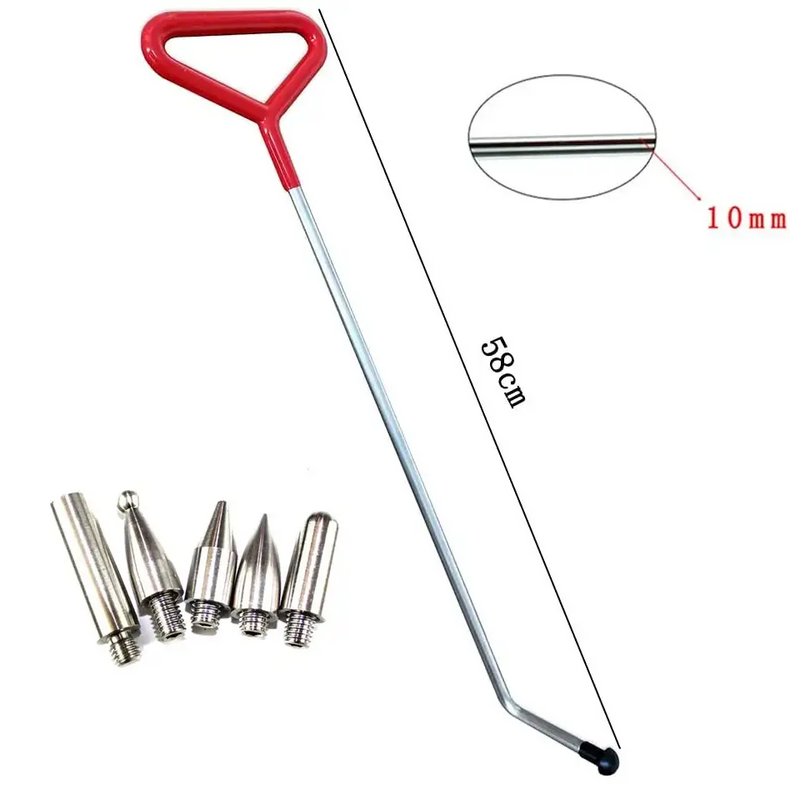 Long-handled metal rod with red grip for effective car dent repair kit attachments