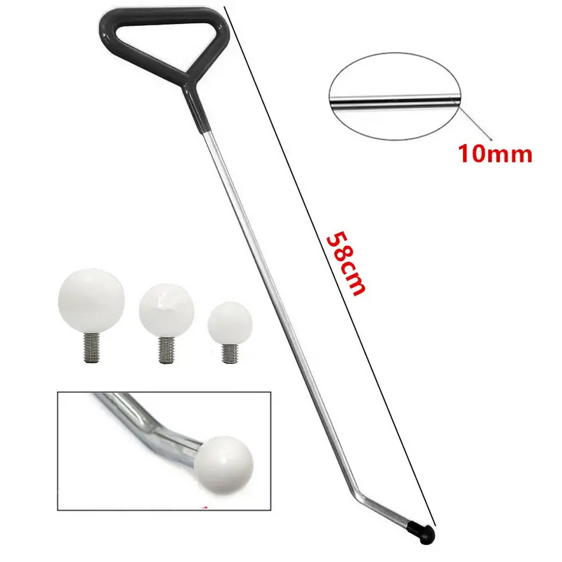 Long-handled tool with interchangeable spherical tips for effective car dent repair