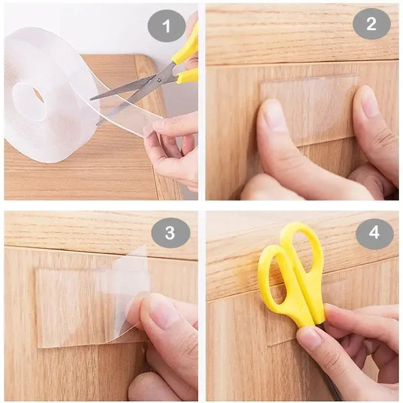 Set of four instructional images for applying DIY filament tape to a wooden surface