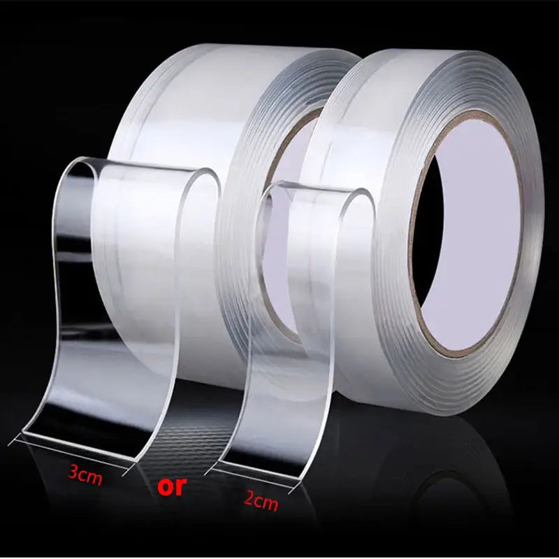 Double-sided adhesive tape rolls featuring transparent and white DIY Filament Tape varieties