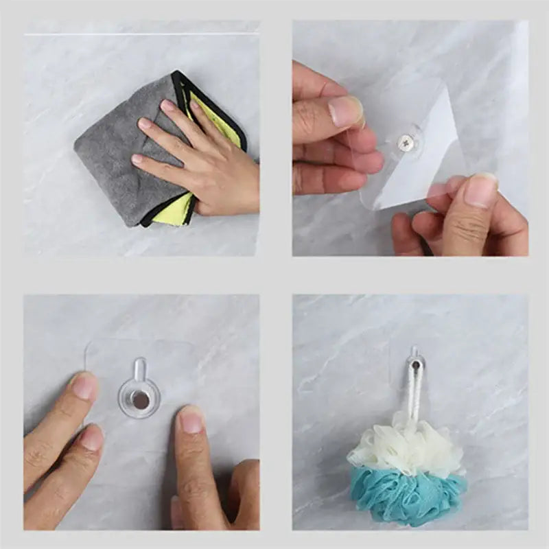 Four-panel instructional image for attaching a shower loofah using NoEnName Null DIY Supplies