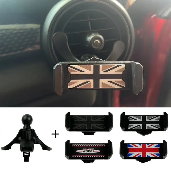 Union Jack-themed universal car phone holder for Mini Models R55 to R61 air vents