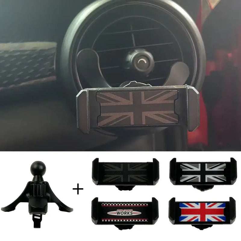 Car phone holder featuring interchangeable Union Jack designs for universal fit in Mini models