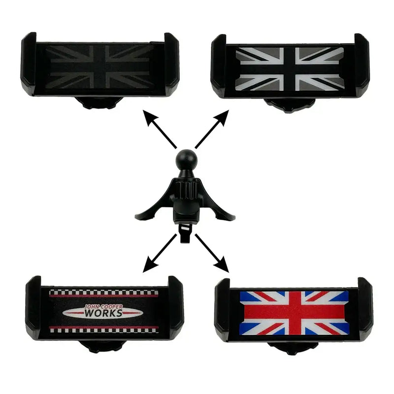 Phone holder featuring interchangeable Union Jack designs for universal car use