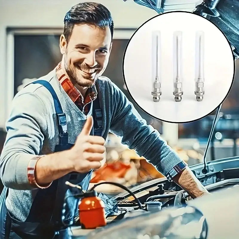 Smiling auto mechanic with NoEnName_Null grease needles for grease guns from Mainland China