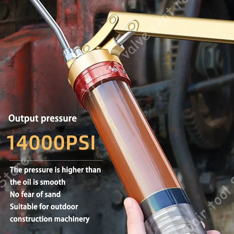 High-pressure grease gun with transparent cylinder and reddish lubricant for NoEnName_Null High