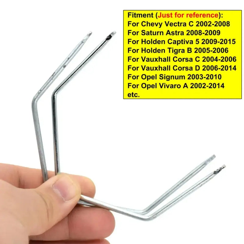 Bent metal rod tool held between fingers with yellow box listing NoEnName Null Origin vehicle models