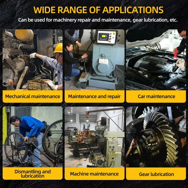 Infographic illustrating industrial maintenance applications of NoEnName Null Item grease guns