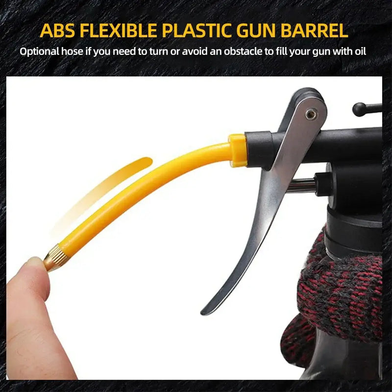 Flexible yellow plastic tube connected to NoEnName Null Item grease gun for efficient lubrication