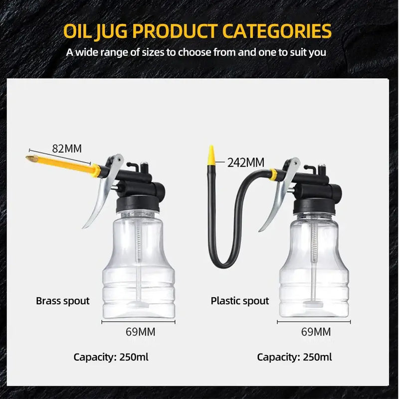 Oil jugs with varied spout types for efficient use with NoEnName Null Item grease guns