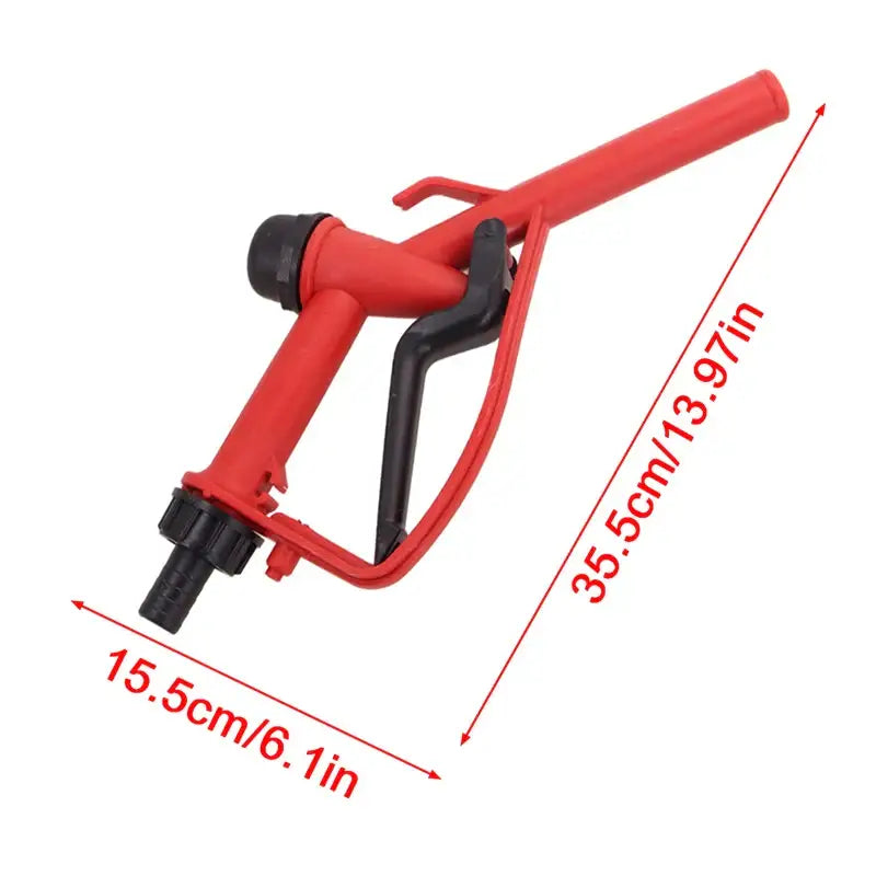 Red plastic fuel nozzle with dimensions labeled for NoEnName Null grease guns from Mainland China