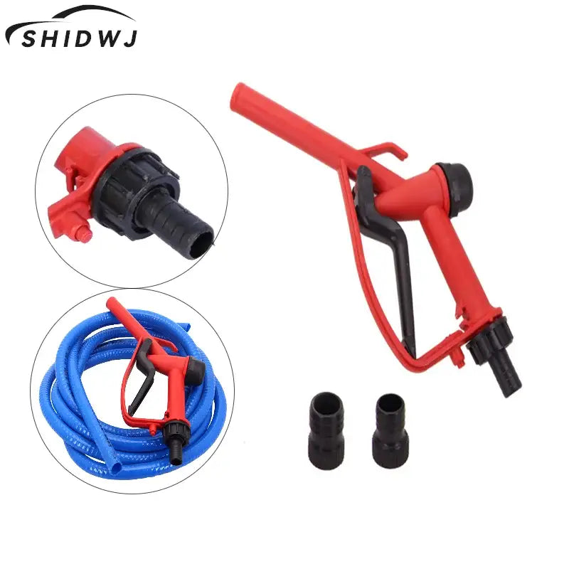 Red plastic fuel nozzle attached to hose for NoEnName Null grease guns from Mainland China