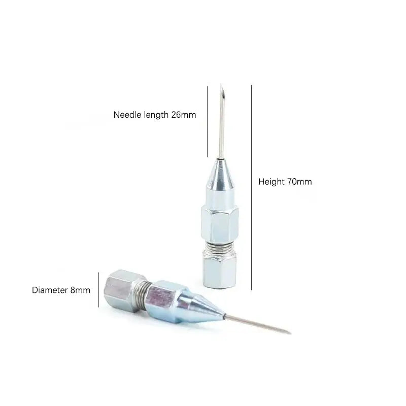 Metallic tattoo needle cartridge with labeled dimensions for NoEnName Null Needle Nose Grease Gun