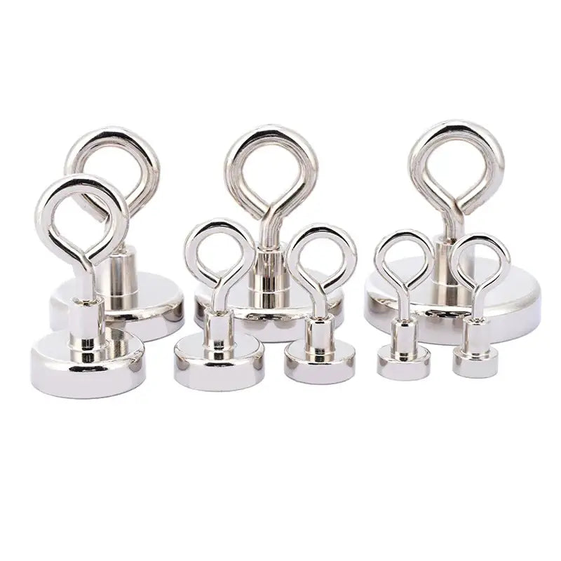 Set of silver-colored neodymium industrial magnets with various sizes and lifting capacities