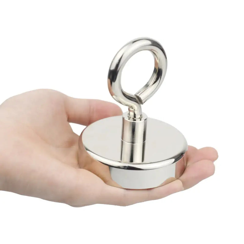 Metallic circular neodymium industrial magnet with ring-shaped handle from NoEnName Null