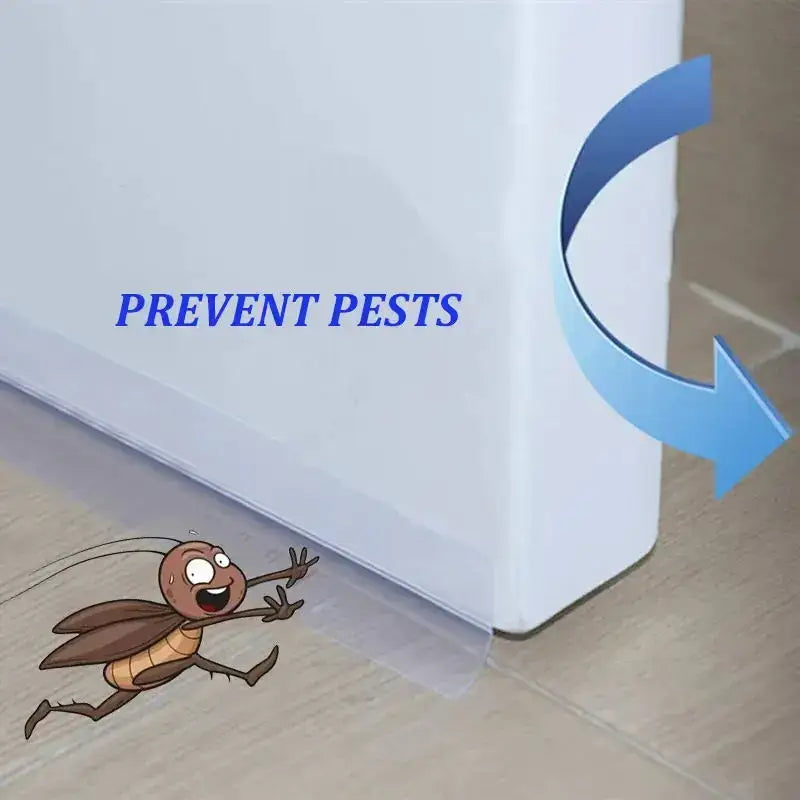 Cartoon cockroach fleeing a door sweep labeled Prevent Pests over acrylic rubber seal strip