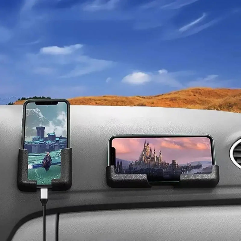 Two smartphones on a car dashboard showcasing cityscapes, featuring NoEnName Null Origin