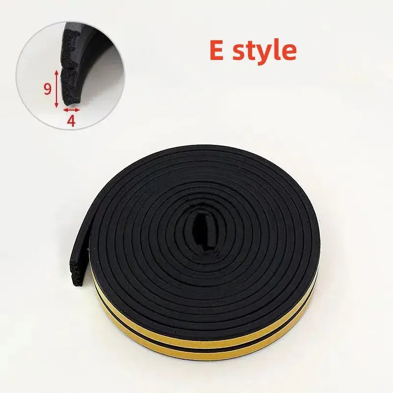 Black foam rubber window sealing strips with yellow adhesive edges rolled up for insulation