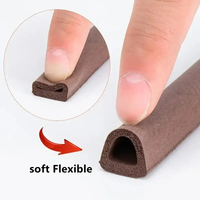 Soft flexible brown foam rubber strip with hollow D-shaped cross-section for window sealing strips