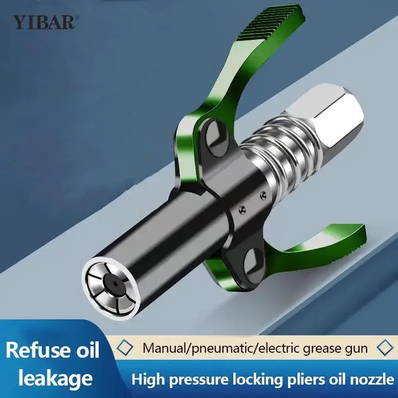 High-pressure grease gun nozzle with green lever and metallic body from NoEnName Null Origin