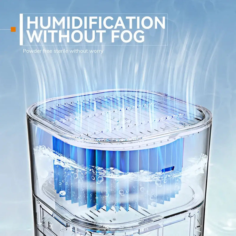 Transparent NoEnName Null Origin Humidifier with blue components and rising vapor