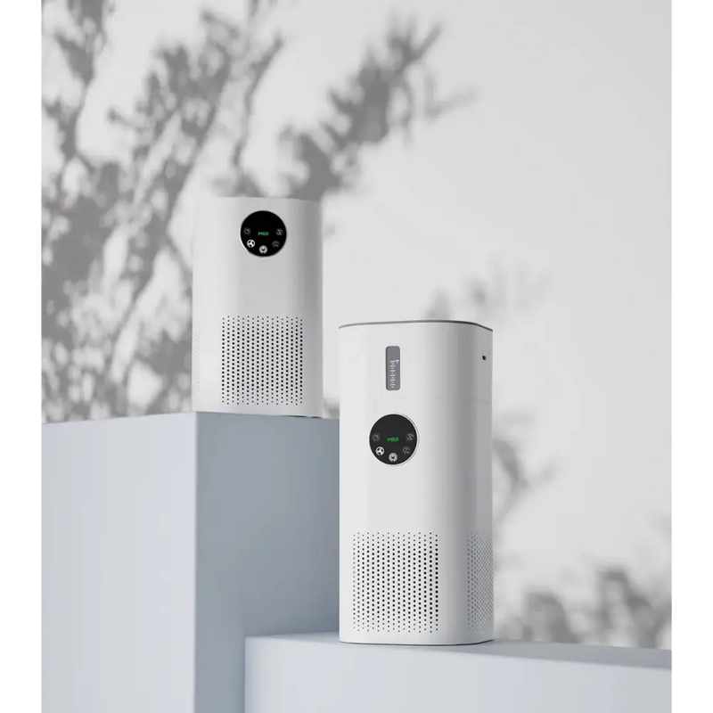 Air purifiers with cylindrical white bodies, featuring NoEnName Null Origin model AP-MOS1