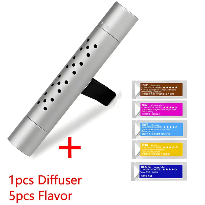 Cylindrical metal diffuser and colorful flavor packets for NoEnName Null Origin Air Freshener