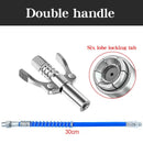 Double-handled metal tool with spring mechanism and blue extension rod for DIY supplies