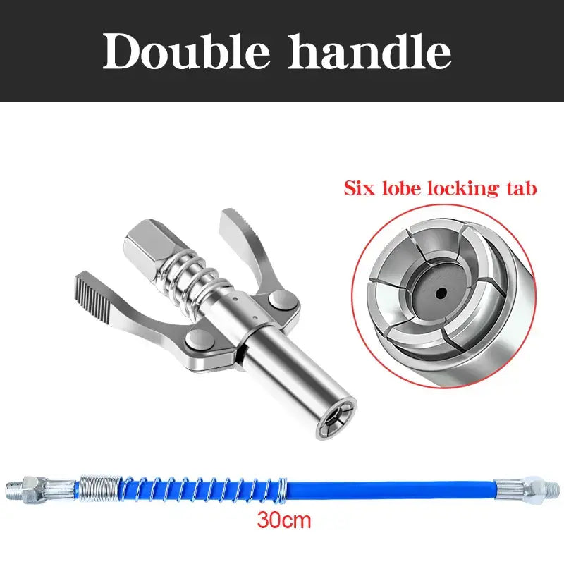 Double-handled metal tool with spring mechanism and blue extension rod for DIY supplies