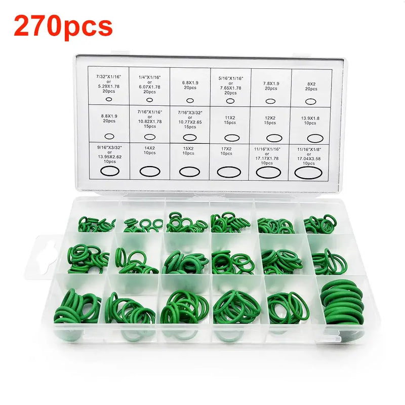 Assortment kit of green rubber O-rings in a compartment box for origin ring gasket use