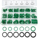 Assortment of green and black rubber o-rings in organizer case for origin ring gasket