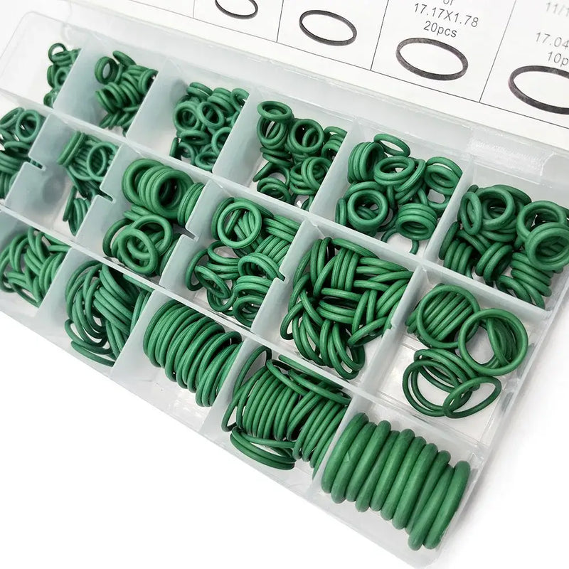 Plastic organizer box containing various sizes of rubber O-rings for origin ring gasket