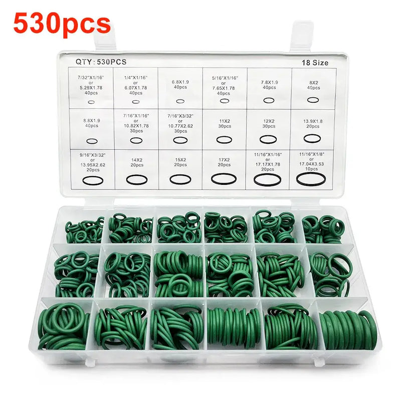 Assortment of green rubber O-rings in organizer case for origin ring gasket use