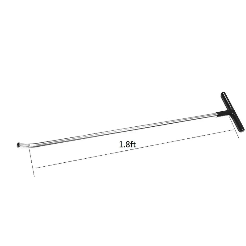 Long metal rod with T-handle designed for dent repair function in vehicle restoration