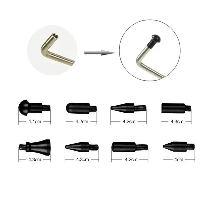 L-shaped metal tool with interchangeable tips for effective dent repair function