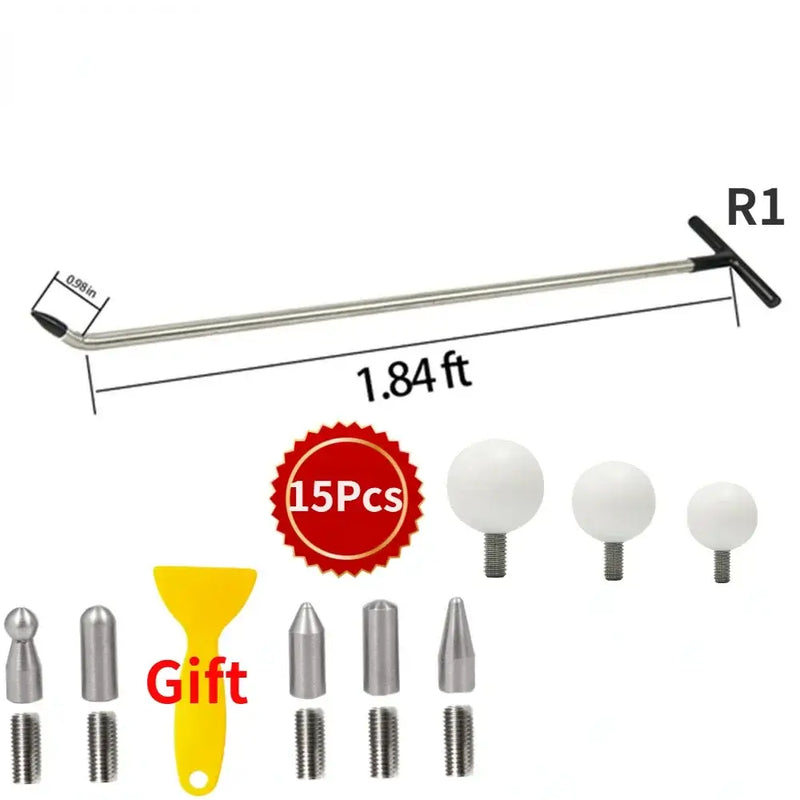 Long metal rod with T-handle for versatile dent repair functions in vehicle restoration