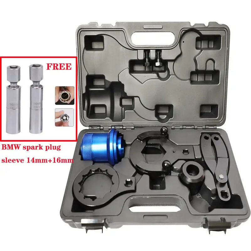 Automotive tool kit for rear axle differential removal in plastic carrying case