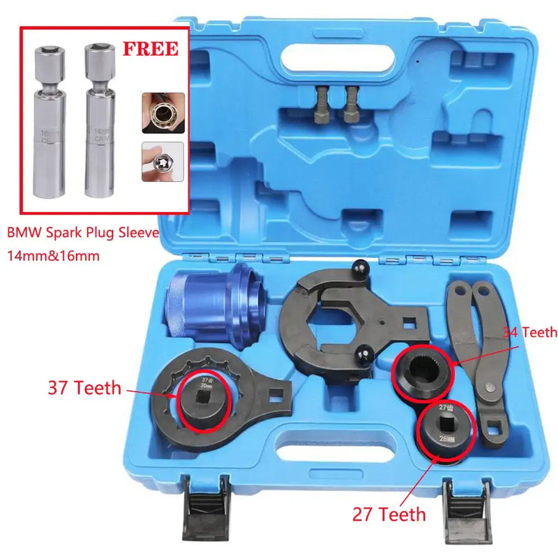 Blue plastic case with automotive tools for BMW rear axle differential removal