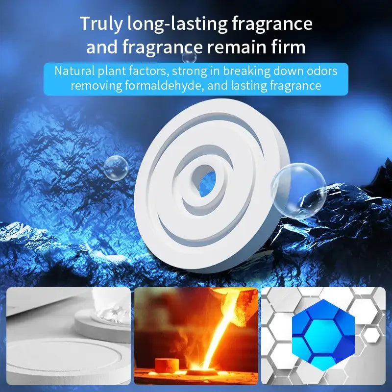 White circular solid car air freshener with spiral pattern and blue center for freshness