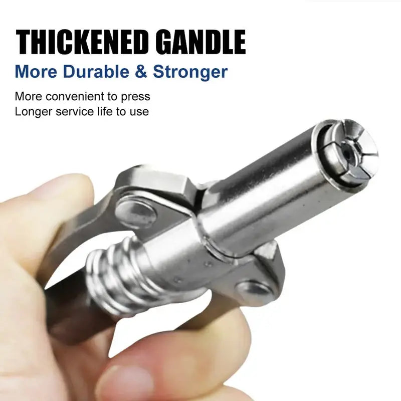 Metallic grease gun coupler with thickened handle held between fingers for efficient use