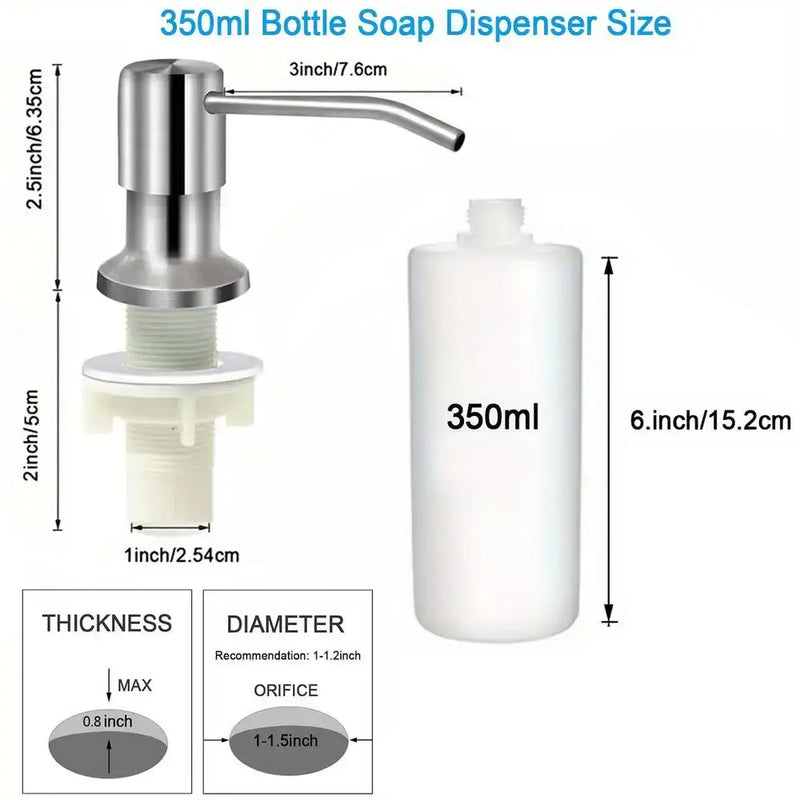 Stainless Steel Kitchen Sink Soap Dispenser with Refill Bottle and Size Specs