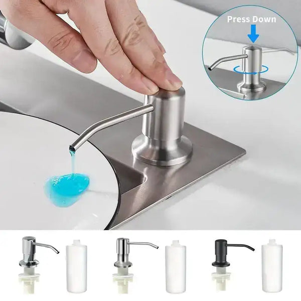 Stainless steel kitchen sink soap dispenser with press-down mechanism for liquid soap