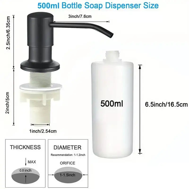 Soap dispenser with black pump top and white bottle for stainless steel kitchen use