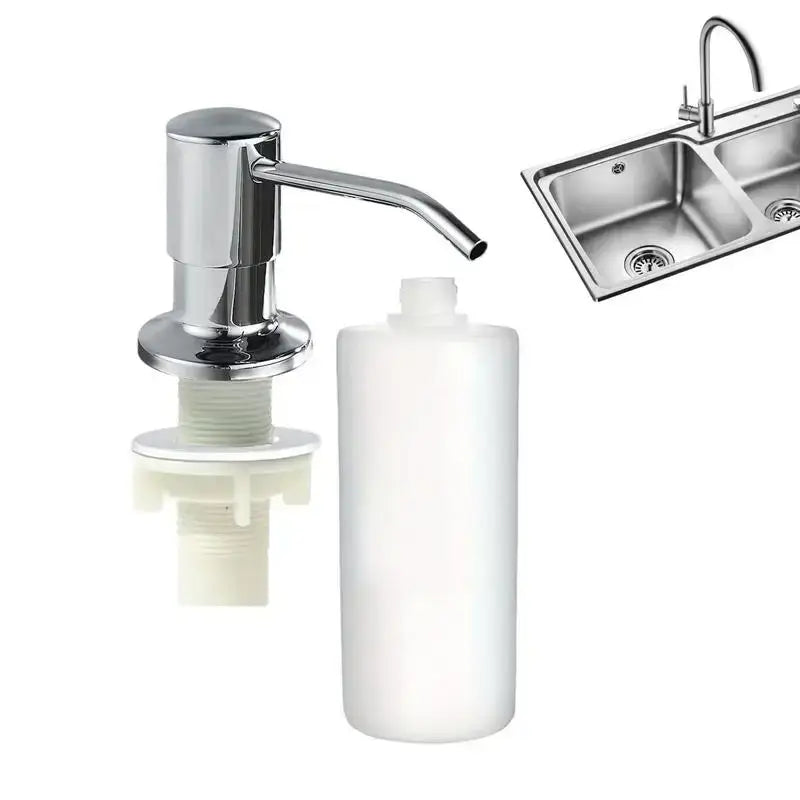 Stainless steel sink soap dispenser with white refill bottle for liquid soap usage