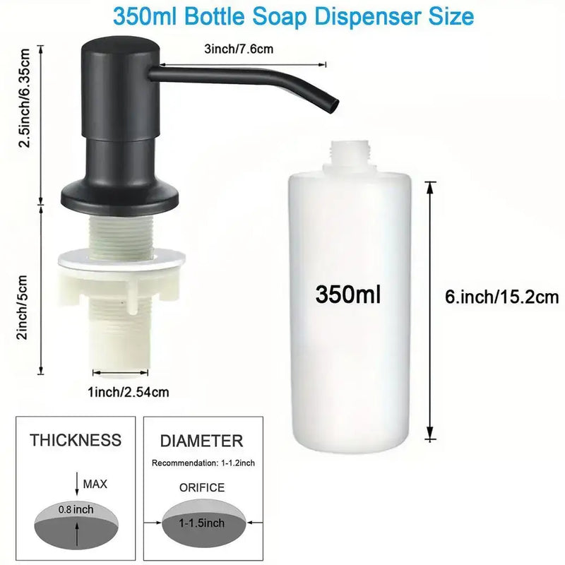 Soap dispenser with black pump top and white bottle for stainless steel kitchen use